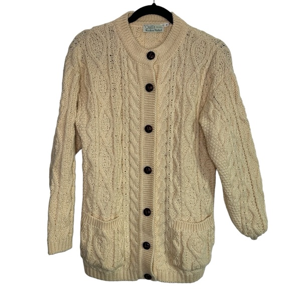 Quill's Woollen Market Sweaters - Vintage Quill's Woollen Market Cream Irish Fisherman Cardigan Sweater 100% Wool